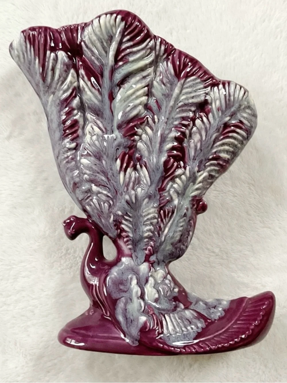 Royal Haeger Peacock Fan Vase Burgundy Drip Glaze MCM Pottery USA As Is